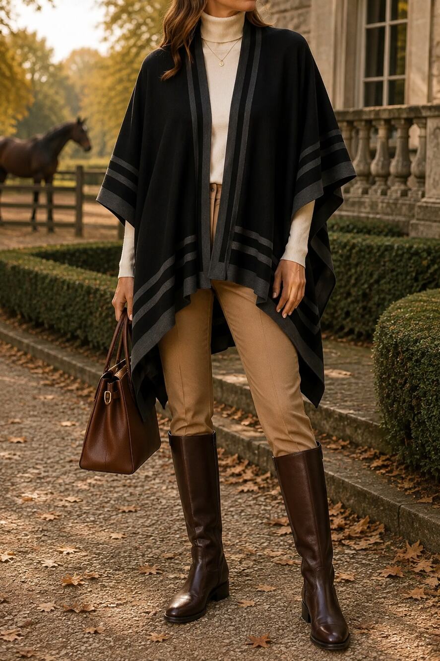 Lauren Ralph Lauren Reversible Black Gray Stripe Ruana Poncho Wrap OSFM